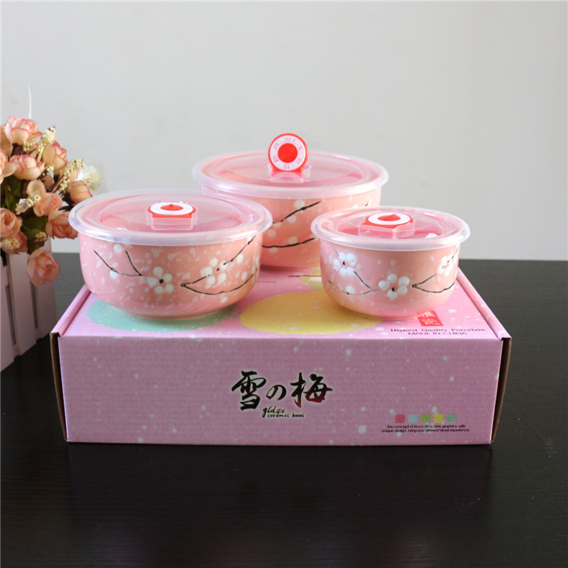 Ceramic Freshness Bowl Three-Piece Microwave Oven Freshness Bowl Gift Box Snowflake Glaze Meeting Sale Gift Wedding Return Set