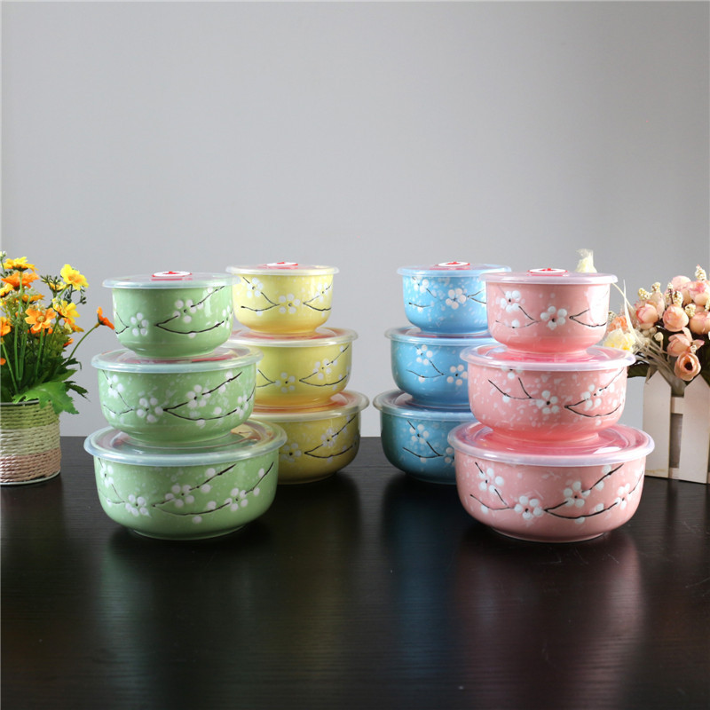 Ceramic Freshness Bowl Three-Piece Microwave Oven Freshness Bowl Gift Box Snowflake Glaze Meeting Sale Gift Wedding Return Set
