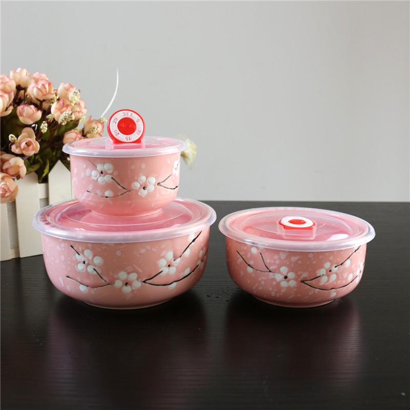 Ceramic Freshness Bowl Three-Piece Microwave Oven Freshness Bowl Gift Box Snowflake Glaze Meeting Sale Gift Wedding Return Set