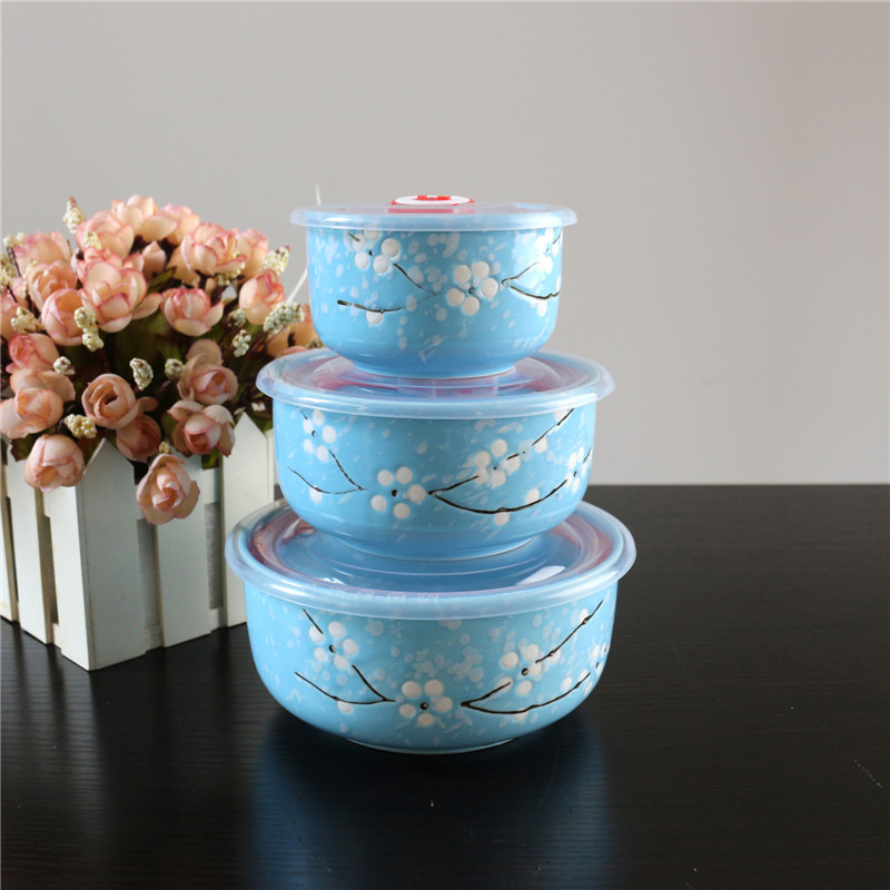Ceramic Freshness Bowl Three-Piece Microwave Oven Freshness Bowl Gift Box Snowflake Glaze Meeting Sale Gift Wedding Return Set