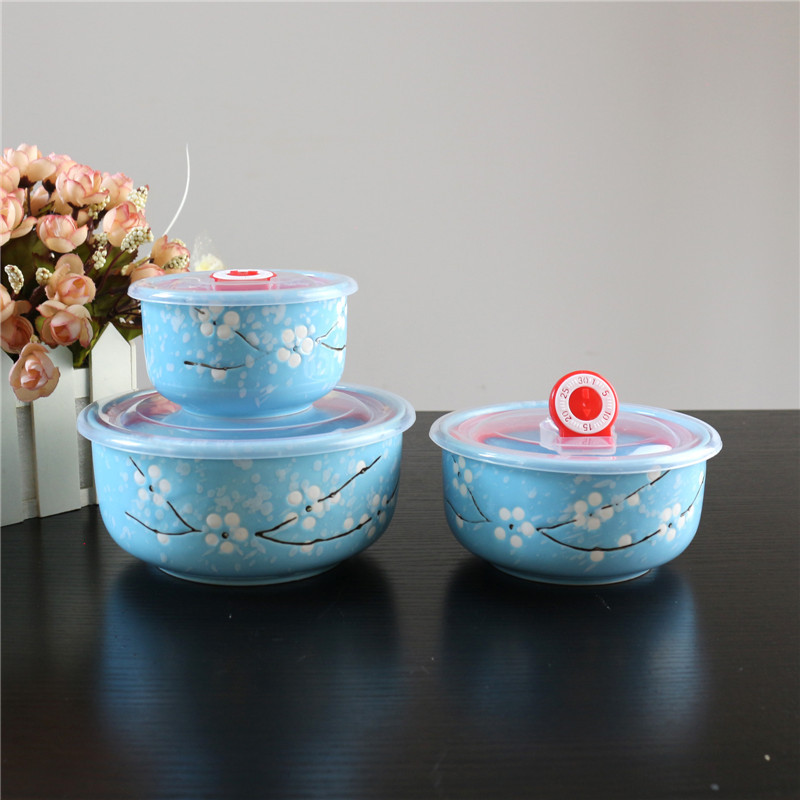 Ceramic Freshness Bowl Three-Piece Microwave Oven Freshness Bowl Gift Box Snowflake Glaze Meeting Sale Gift Wedding Return Set