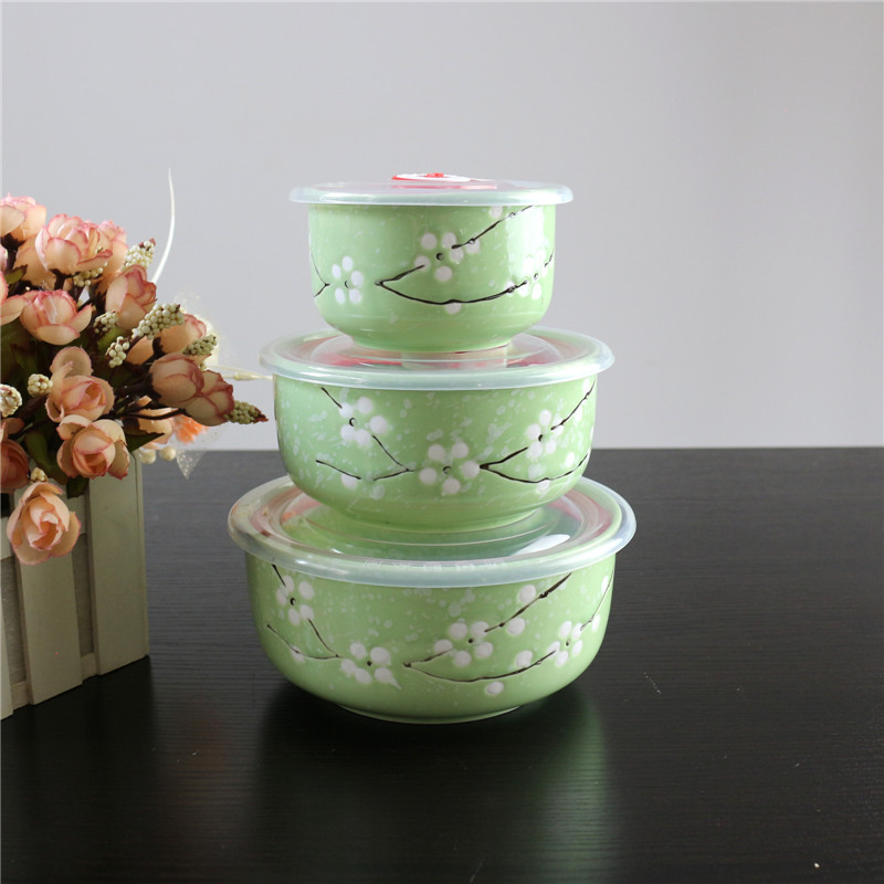Ceramic Freshness Bowl Three-Piece Microwave Oven Freshness Bowl Gift Box Snowflake Glaze Meeting Sale Gift Wedding Return Set