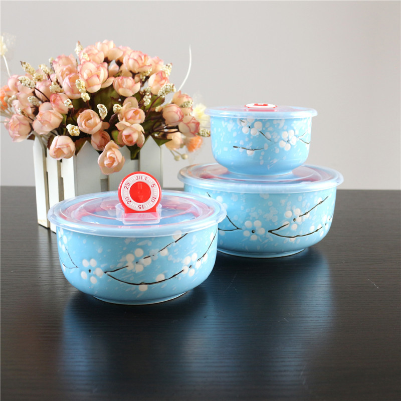 Ceramic Freshness Bowl Three-Piece Microwave Oven Freshness Bowl Gift Box Snowflake Glaze Meeting Sale Gift Wedding Return Set