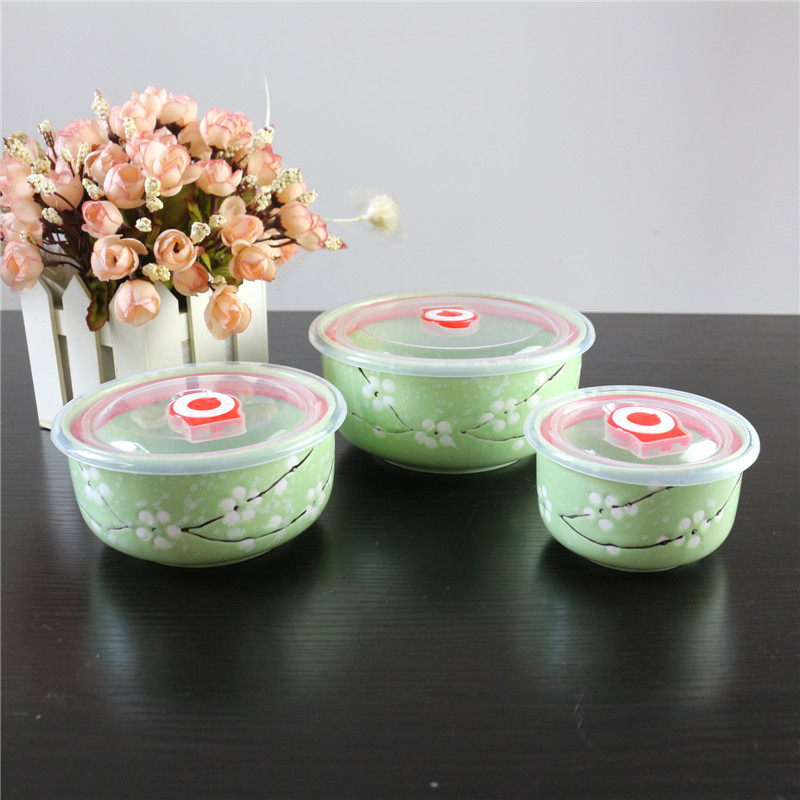 Ceramic Freshness Bowl Three-Piece Microwave Oven Freshness Bowl Gift Box Snowflake Glaze Meeting Sale Gift Wedding Return Set