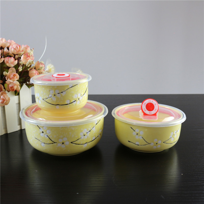 Ceramic Freshness Bowl Three-Piece Microwave Oven Freshness Bowl Gift Box Snowflake Glaze Meeting Sale Gift Wedding Return Set