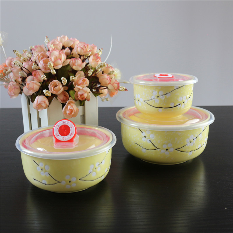 Ceramic Freshness Bowl Three-Piece Microwave Oven Freshness Bowl Gift Box Snowflake Glaze Meeting Sale Gift Wedding Return Set