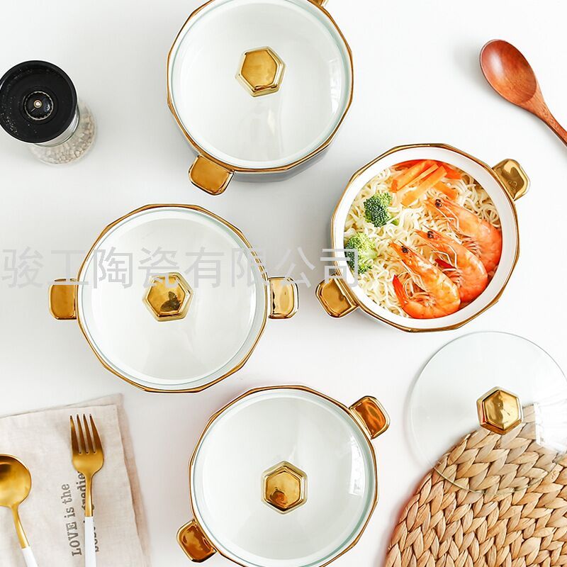 Factory Direct Sales Hot Selling Product Gold-Plated Ceramic Tableware Home Instant Noodle Bowl Customizable Logo