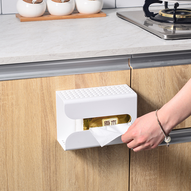 Kitchen and Toilet Tissue Box Plastic Punch-Free Wall-Mounted Tissue Dispenser Gray and White Square Modern Simple Tissue Box
