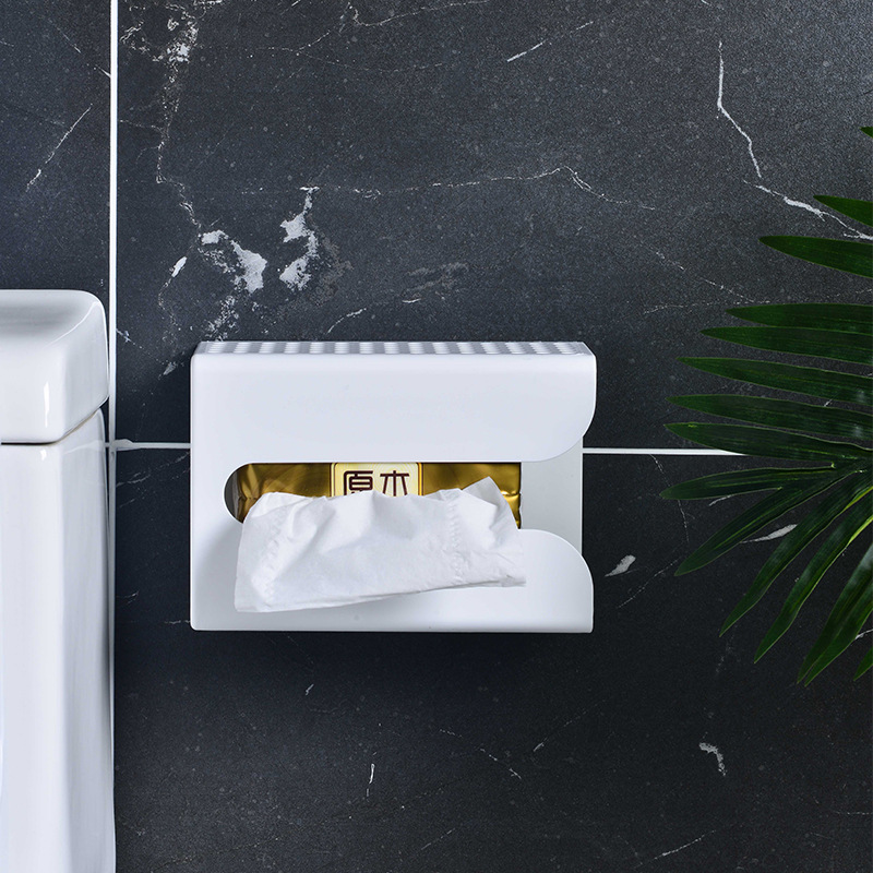 Kitchen and Toilet Tissue Box Plastic Punch-Free Wall-Mounted Tissue Dispenser Gray and White Square Modern Simple Tissue Box