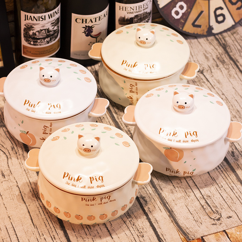 Creative Ceramic Bowl Cute Large Ramen Instant Noodles Instant Noodle Bowl Instant Noodle Cup Lunch Box Japanese Style Tableware with Spoon Chopsticks Fork