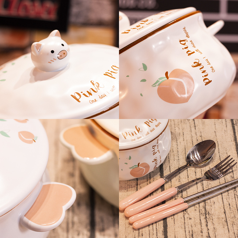 Creative Ceramic Bowl Cute Large Ramen Instant Noodles Instant Noodle Bowl Instant Noodle Cup Lunch Box Japanese Style Tableware with Spoon Chopsticks Fork