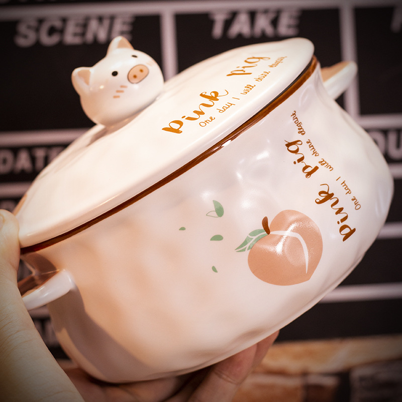 Creative Ceramic Bowl Cute Large Ramen Instant Noodles Instant Noodle Bowl Instant Noodle Cup Lunch Box Japanese Style Tableware with Spoon Chopsticks Fork