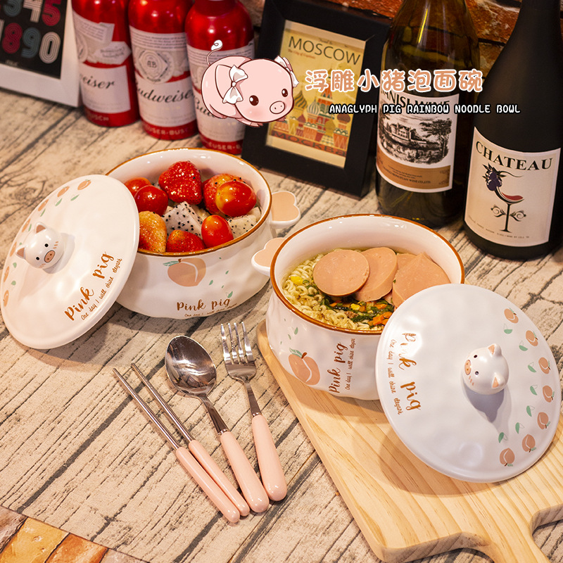 Creative Ceramic Bowl Cute Large Ramen Instant Noodles Instant Noodle Bowl Instant Noodle Cup Lunch Box Japanese Style Tableware with Spoon Chopsticks Fork