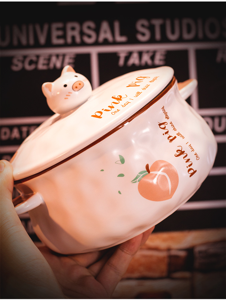 Creative Ceramic Bowl Cute Large Ramen Instant Noodles Instant Noodle Bowl Instant Noodle Cup Lunch Box Japanese Style Tableware with Spoon Chopsticks Fork
