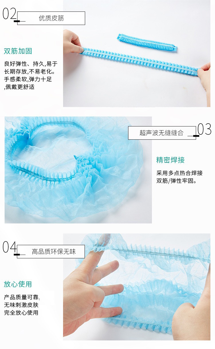 100 PCs Disposable Hats Non-Woven Hood Dust-Proof Chef Food Factory Workshop Anti-Hair Loss Blue Bar Cap