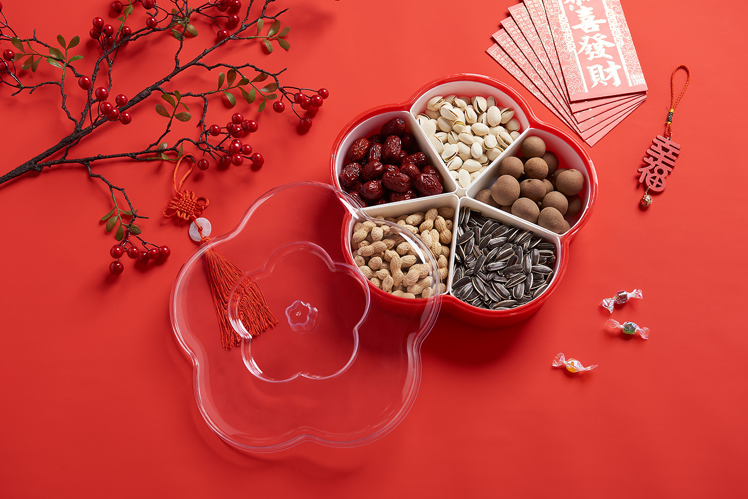 Plum-Shaped Grid 5-Grid Nuts Candy Box Creative Candy Plate Wedding Dried Fruit Box Snack Dish Inner Grid Can Be Taken out