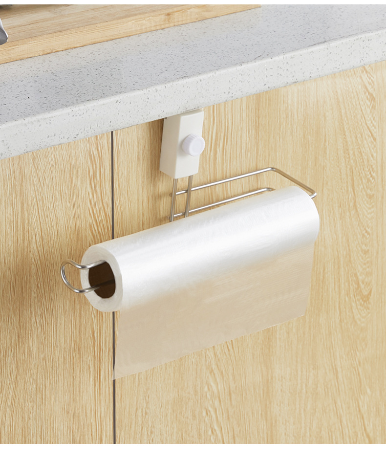 Kitchen Stainless Steel Coil Tissue Holder Punch-Free Hook Cabinet Plastic Wrap Storage Lower Holder Adjustable Rack