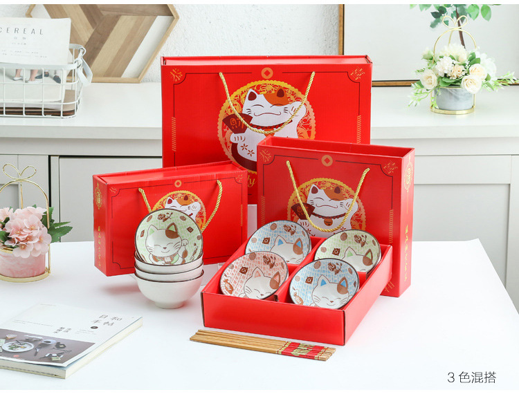 Gift Bowl and Chopsticks Set Fortune Cat Ceramic Bowl Tableware Opening Custom Wedding Sales Gift Box Bowl Set Event Gift