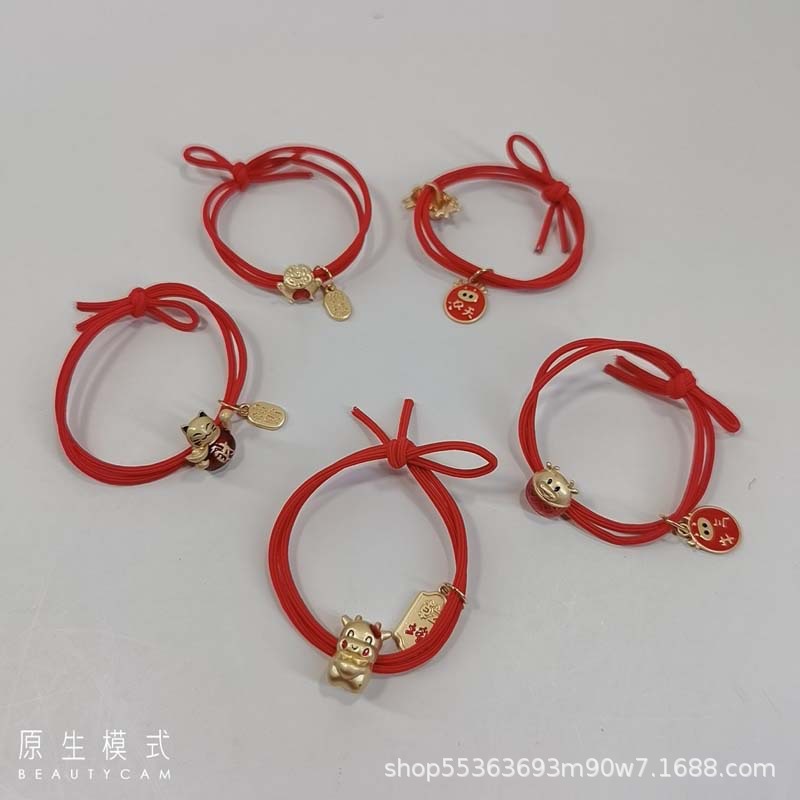 New Year Bracelet Recurrent Fate Year Good Luck Pig Red Head Rope Fortune Cat Alloy Hair Ring Hair Accessories Rubber Band Leather Case Wholesale
