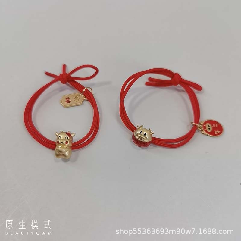 New Year Bracelet Recurrent Fate Year Good Luck Pig Red Head Rope Fortune Cat Alloy Hair Ring Hair Accessories Rubber Band Leather Case Wholesale