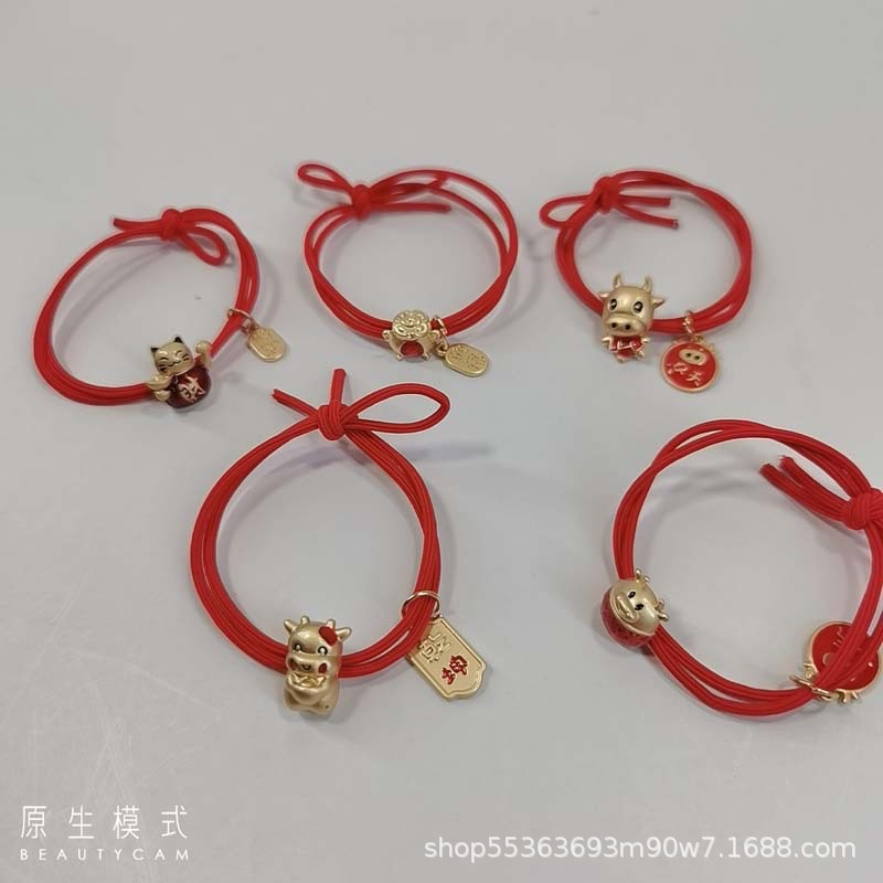 New Year Bracelet Recurrent Fate Year Good Luck Pig Red Head Rope Fortune Cat Alloy Hair Ring Hair Accessories Rubber Band Leather Case Wholesale