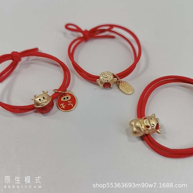 New Year Bracelet Recurrent Fate Year Good Luck Pig Red Head Rope Fortune Cat Alloy Hair Ring Hair Accessories Rubber Band Leather Case Wholesale