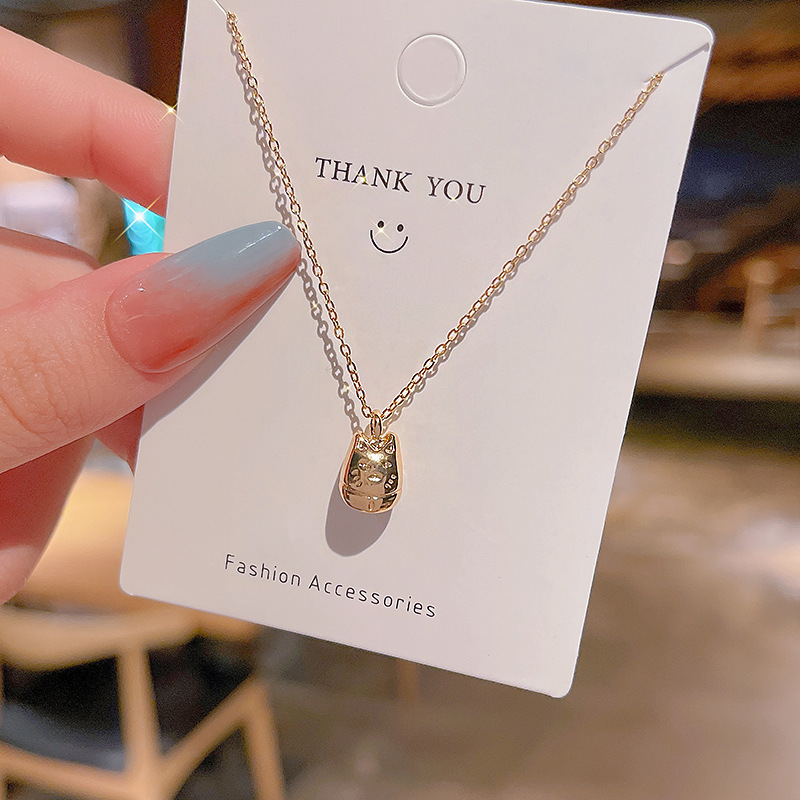INS Trendy Korean Style Fortune Cat Titanium Steel Necklace Female 2021 TikTok Same Design Sense Valentine Gift Clavicle Chain
