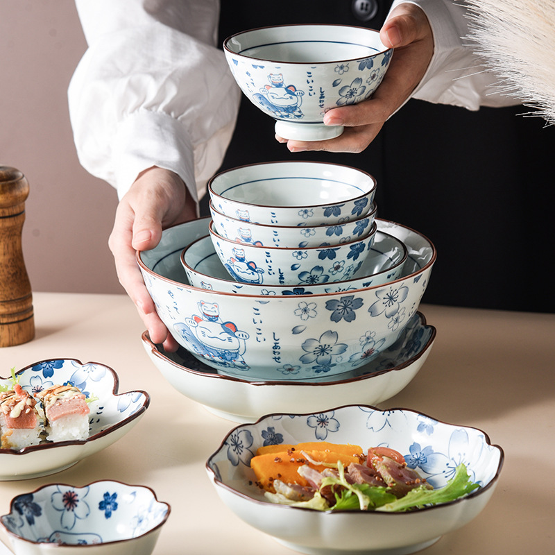INS Japanese Cartoon Fortune Cat Ceramic Bowl Household Plate Salad Bowl Soup Rice Bowl Cartoon Tableware Baking Plate
