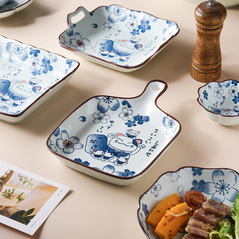 INS Japanese Cartoon Fortune Cat Ceramic Bowl Household Plate Salad Bowl Soup Rice Bowl Cartoon Tableware Baking Plate