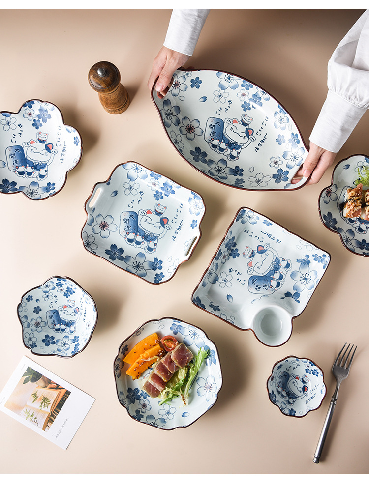 INS Japanese Cartoon Fortune Cat Ceramic Bowl Household Plate Salad Bowl Soup Rice Bowl Cartoon Tableware Baking Plate