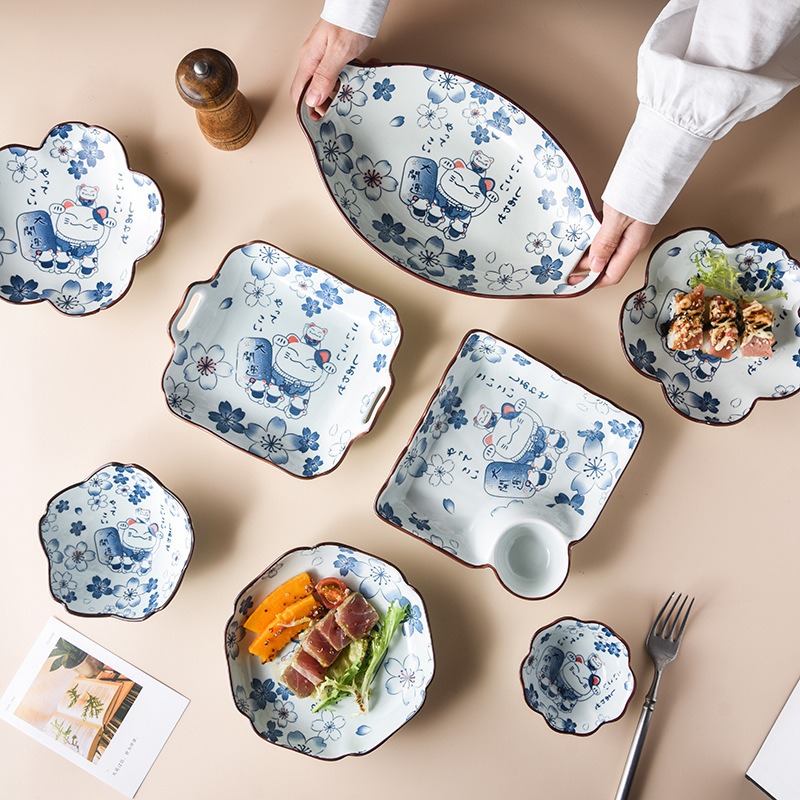 INS Japanese Cartoon Fortune Cat Ceramic Bowl Household Plate Salad Bowl Soup Rice Bowl Cartoon Tableware Baking Plate