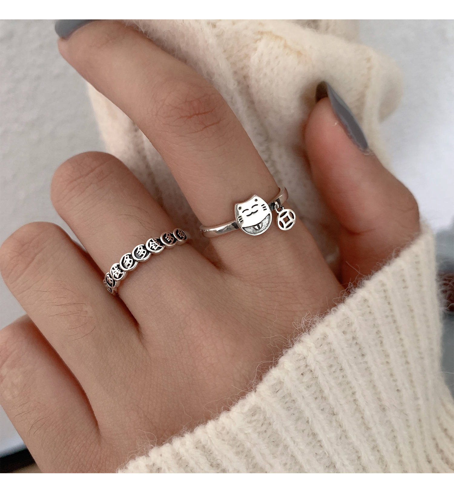 S925 Sterling Silver Qian Duo Fortune Cat Ring Female Special-Interest Design Affordable Luxury Fashion Refined Personalized Open Cold Style