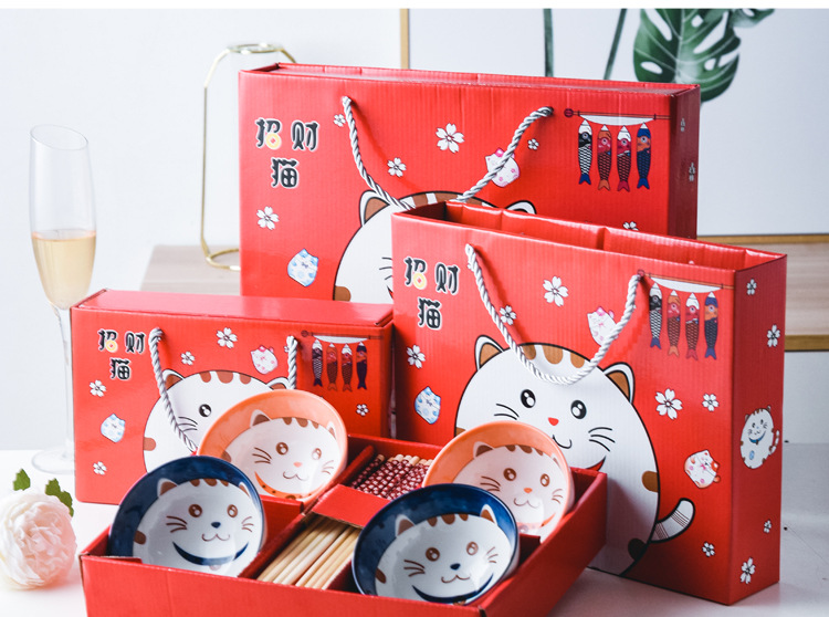 Tableware Gift Box Bowl and Chopsticks Set Fortune Cat Blue and White Porcelain Ceramic Bowl Set Will Sell Opening Activities Gifts Practical Gifts