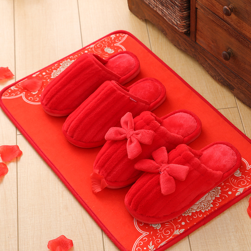 20 New Wedding Happy Word Slippers Wedding Couple Cotton Slippers Thick Bottom Non-Slip Men and Women Warm Home Indoor Slipper