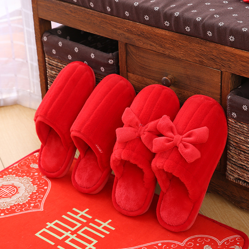 20 New Wedding Happy Word Slippers Wedding Couple Cotton Slippers Thick Bottom Non-Slip Men and Women Warm Home Indoor Slipper