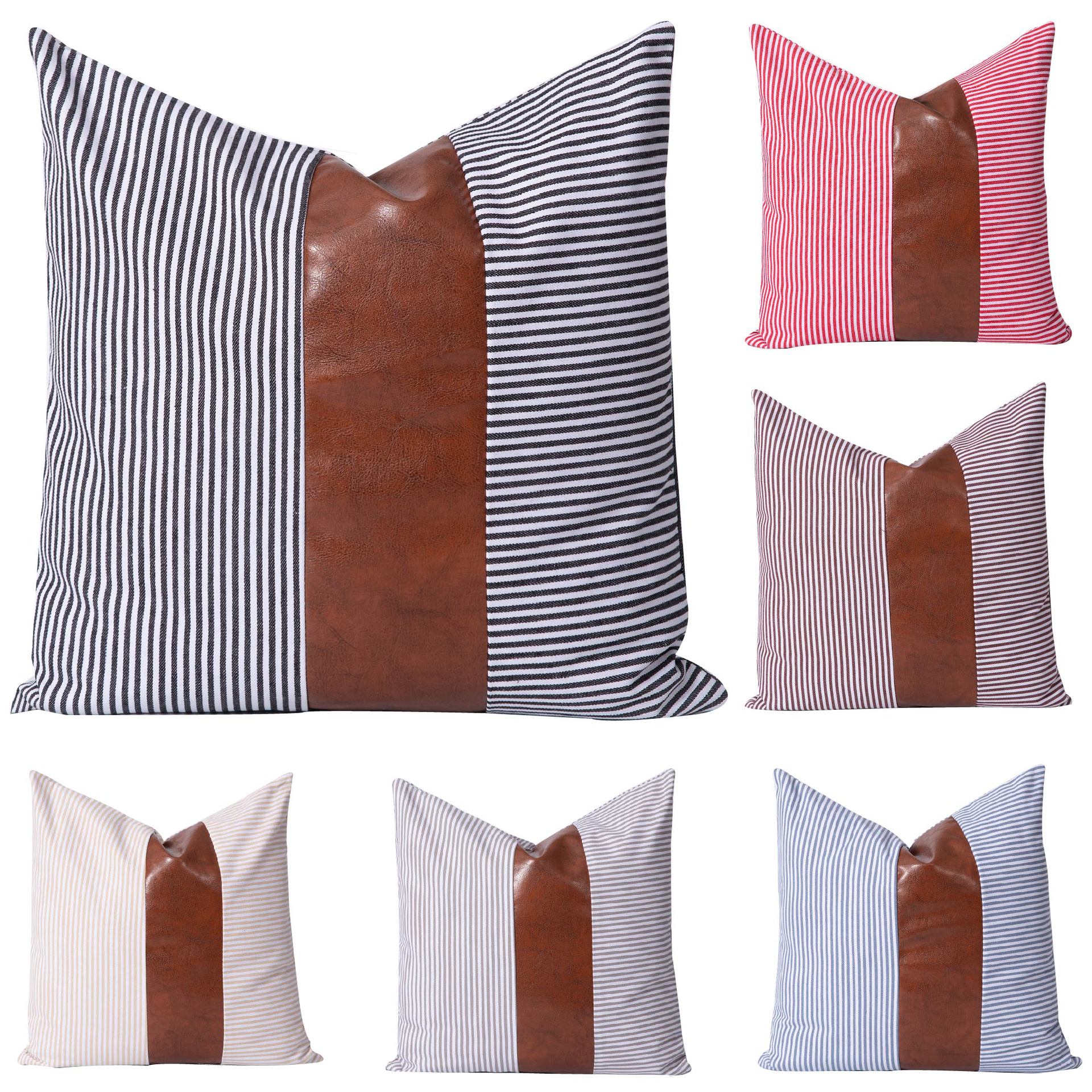 Nordic PU Leather Patchwork Stripes Pillow Modern Minimalist Office Pillow Bedside Cushion Sofa Pillow Cases Wholesale