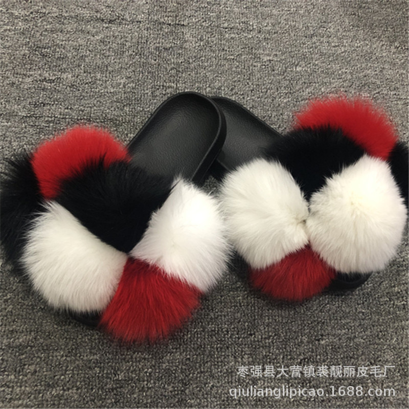 New Foreign Trade CrossBorder Fox Fur Ball Woolen Slipper Fashion Fox Raccoon Fur Slippers Flip Flops