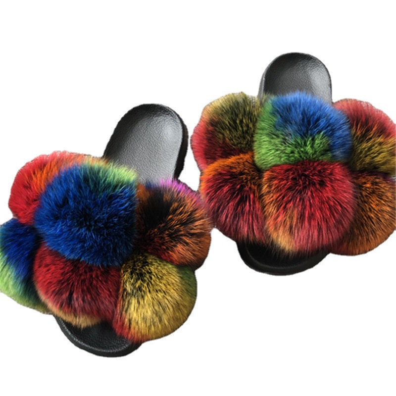 New Foreign Trade CrossBorder Fox Fur Ball Woolen Slipper Fashion Fox Raccoon Fur Slippers Flip Flops