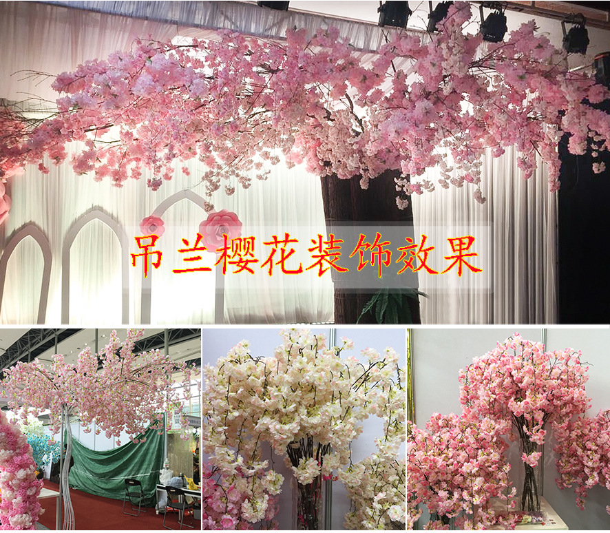 Factory Wholesale Artificial Cheery Branch Fake Flower for Wedding 4 Forks with Leaves Landscape Tree Wedding Decoration Flower Arch Road Lead