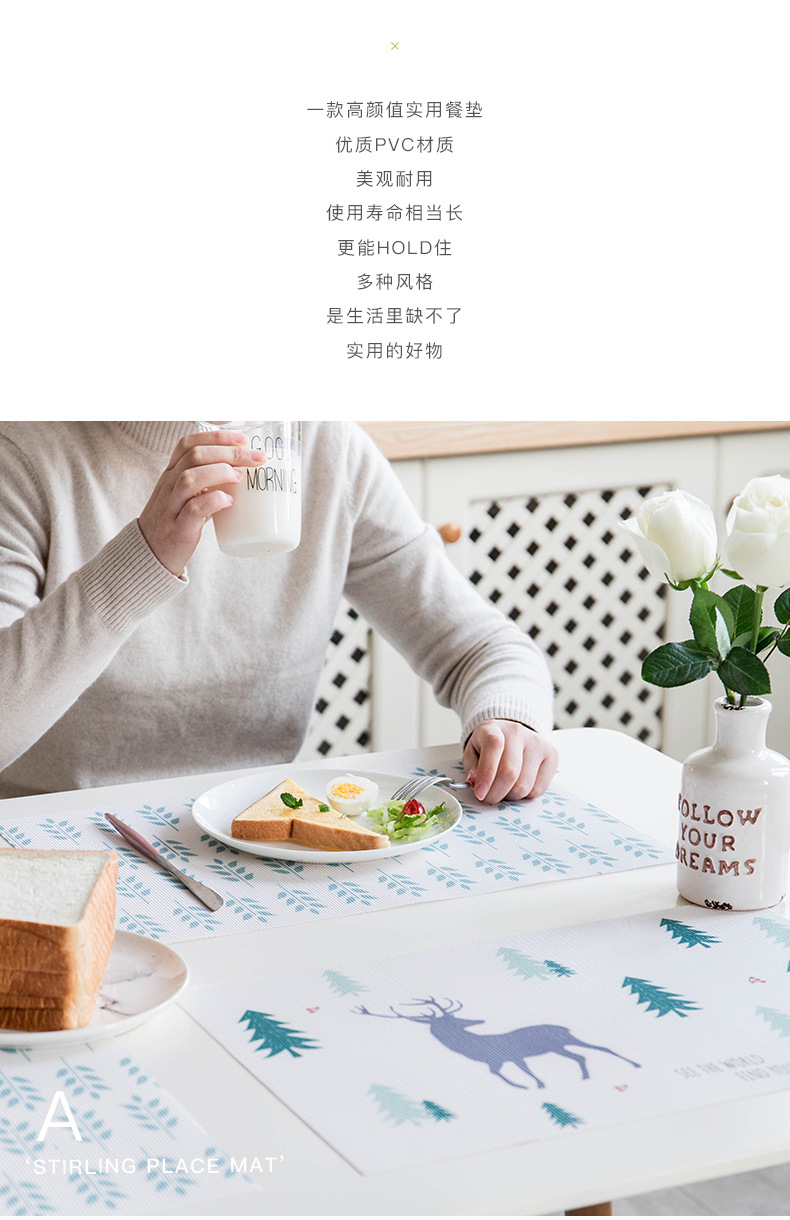 Printed Leaves Flower Ins Style PVC Placemat Insulation Mat Western-Style Dining Table Cup Mat Anti-Scalding Plate Bowl Non-Slip Coaster