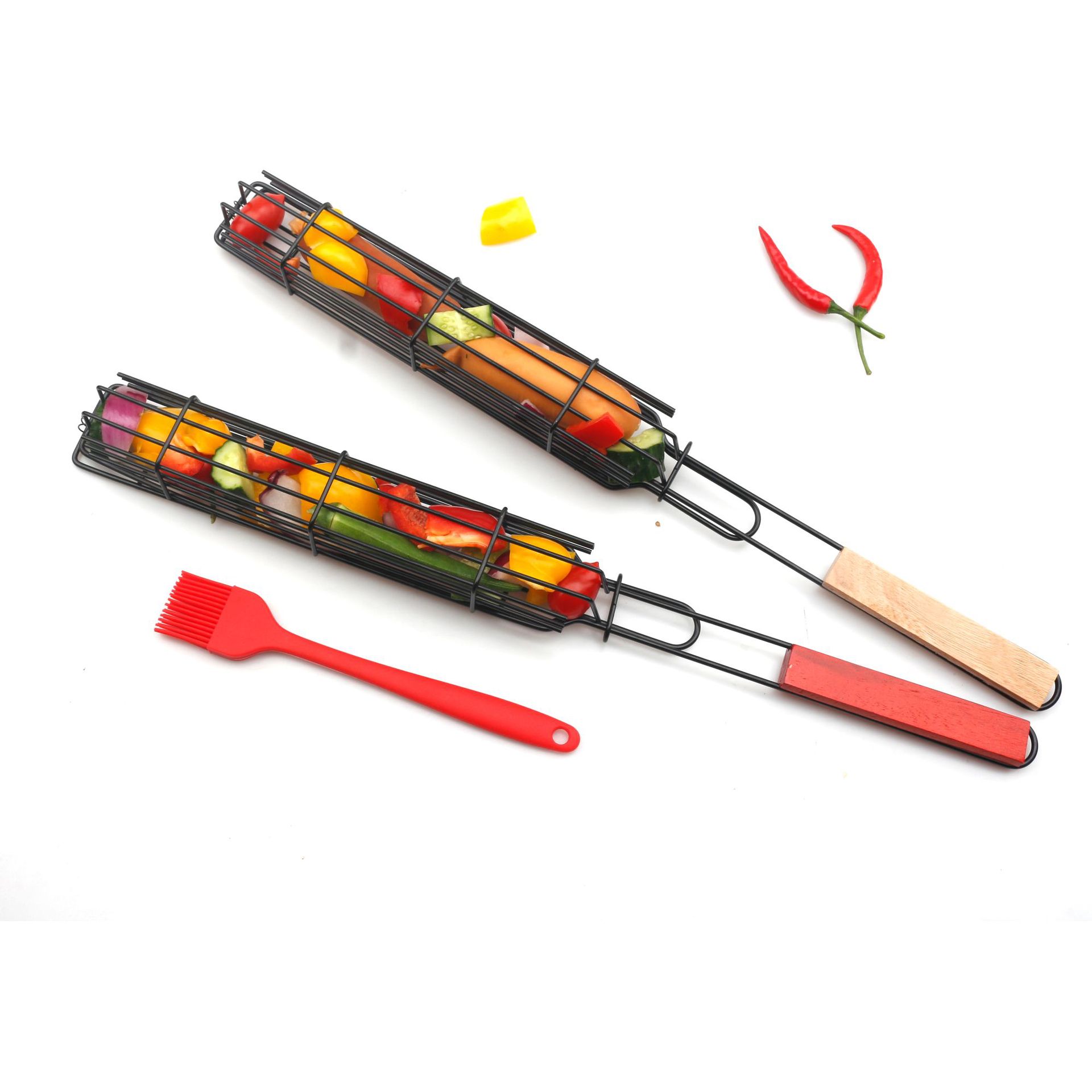 Wooden Handle Sausage Barbecue Cage NonStick Paint Barbecue Wire Mesh Clip Barbecue Net Sausage Clip Barbecue Brush BBQ