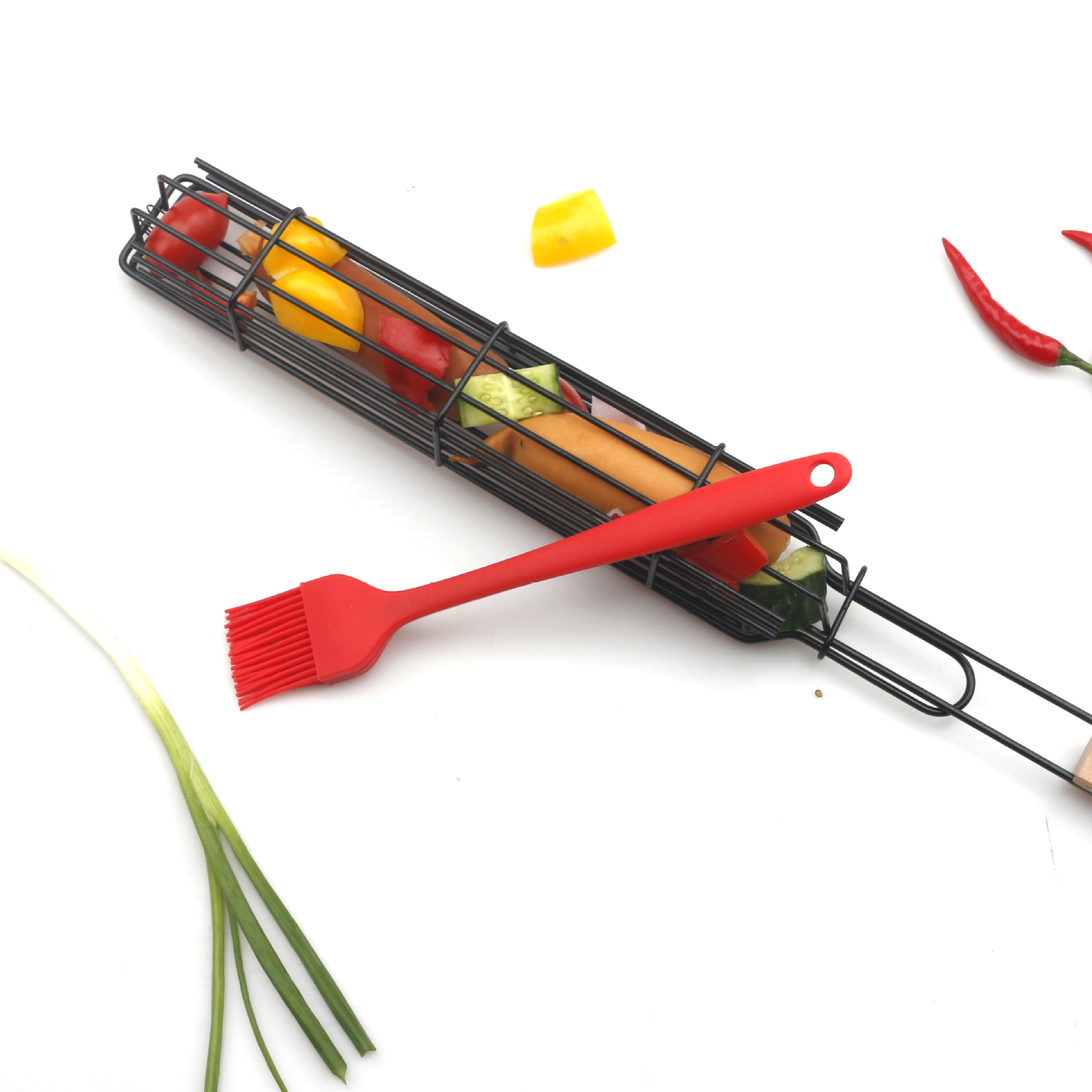 Wooden Handle Sausage Barbecue Cage NonStick Paint Barbecue Wire Mesh Clip Barbecue Net Sausage Clip Barbecue Brush BBQ