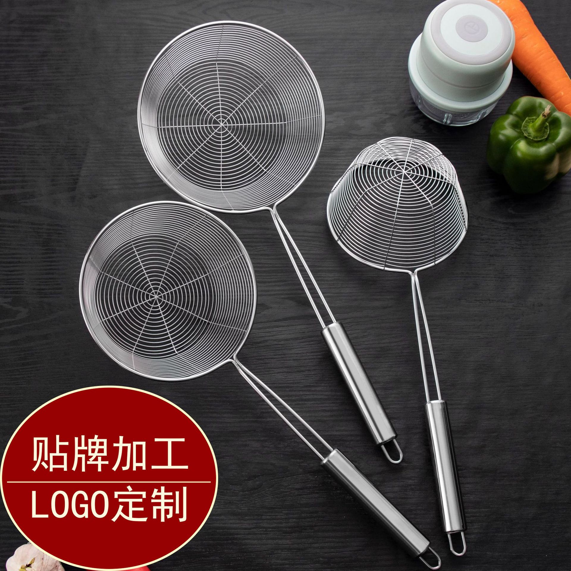 Flat Stainless Steel Colander Large Capacity Line Leakage Fried Strainer Pasta Spoon Hot Pot Spoon Strainer Screening Mesh Logo Marking