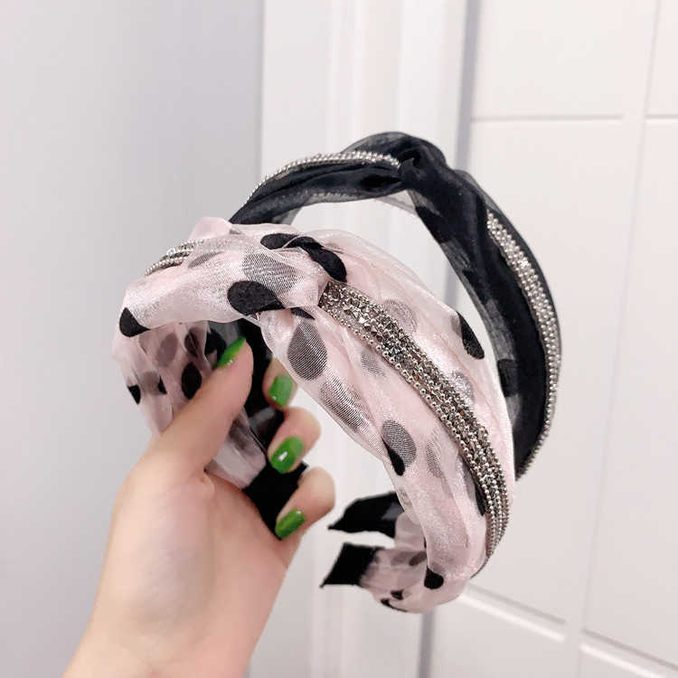 Korean Style Net Red Wave Point Mesh Rhinestone Strip Headband Middle Hook Cross-Knotted Dots Hair Accessories Non-Slip Toothed Headband
