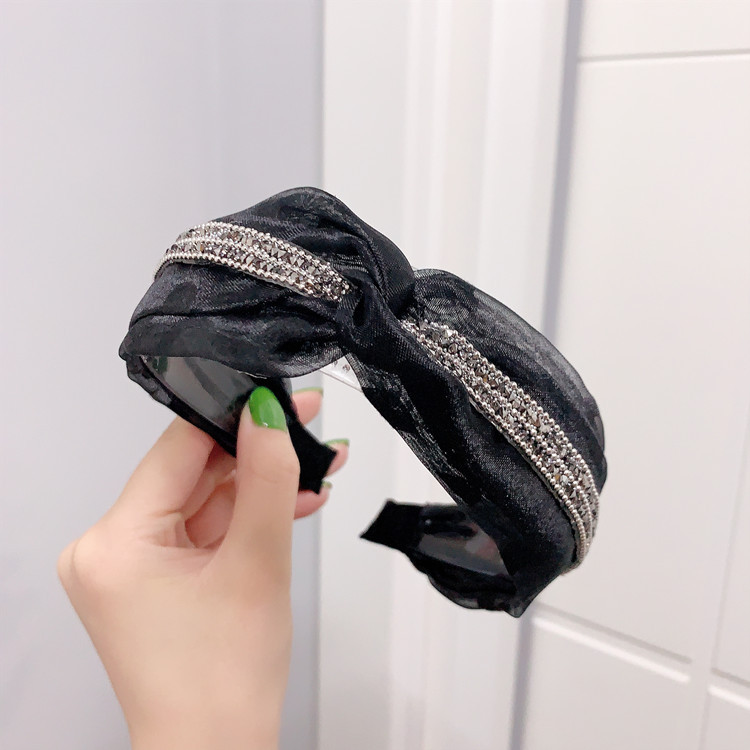 Korean Style Net Red Wave Point Mesh Rhinestone Strip Headband Middle Hook Cross-Knotted Dots Hair Accessories Non-Slip Toothed Headband