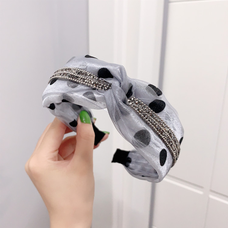 Korean Style Net Red Wave Point Mesh Rhinestone Strip Headband Middle Hook Cross-Knotted Dots Hair Accessories Non-Slip Toothed Headband