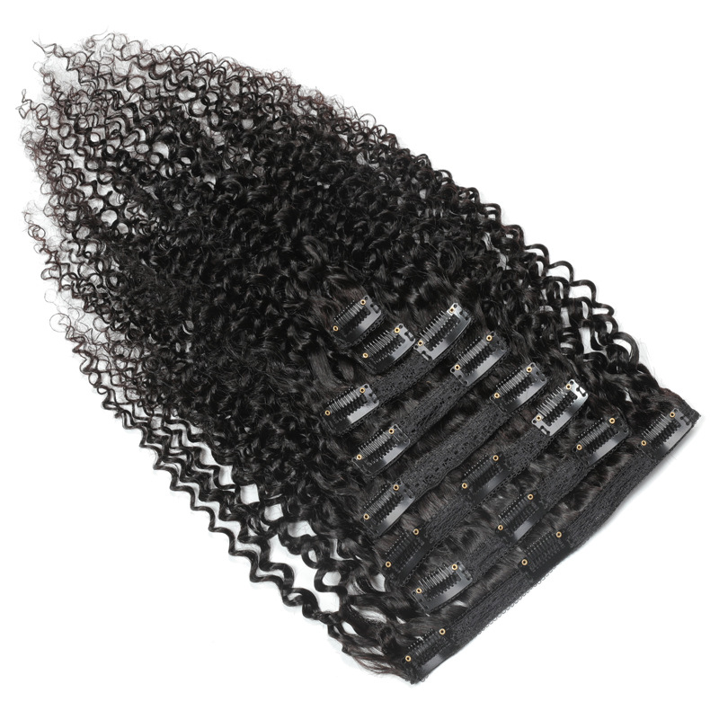 Human Hair Wig Hairpiece Clip 8-Piece Set 120G Kinky Curly Clip in Hairpiece Clip Hair Extension