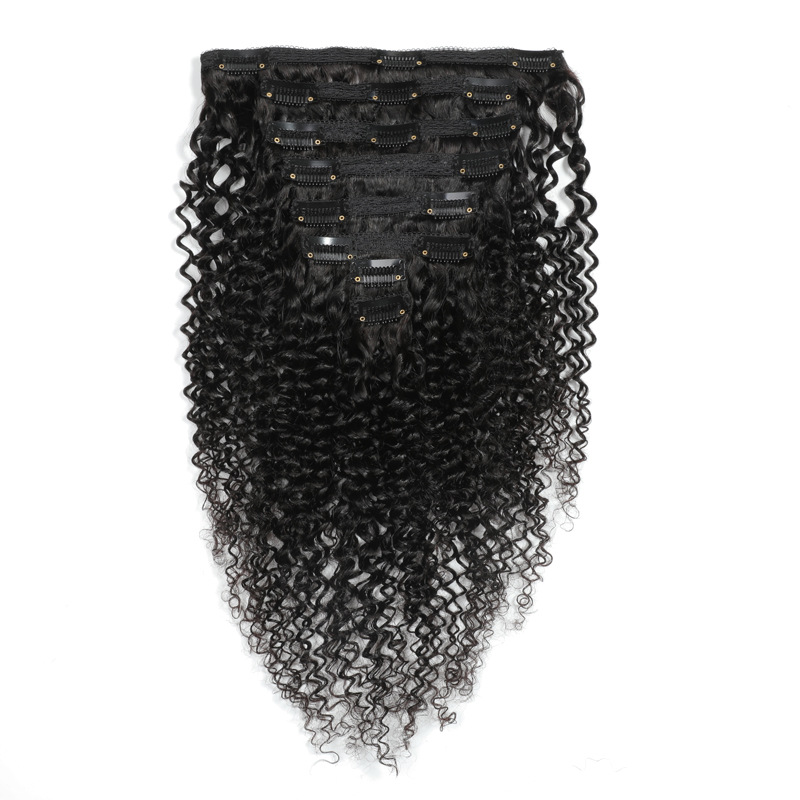 Human Hair Wig Hairpiece Clip 8-Piece Set 120G Kinky Curly Clip in Hairpiece Clip Hair Extension