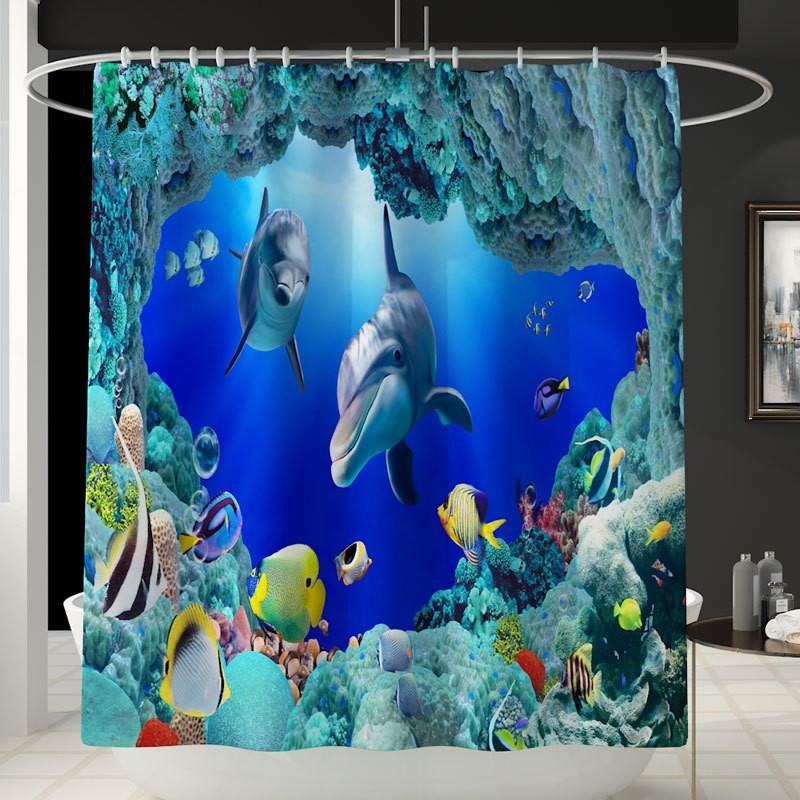 Marine Animal Bathroom Carpet Shower Curtain Four-Piece Toilet Bathtub Non-Slip Mat Set Amazon Cross-Border Customization