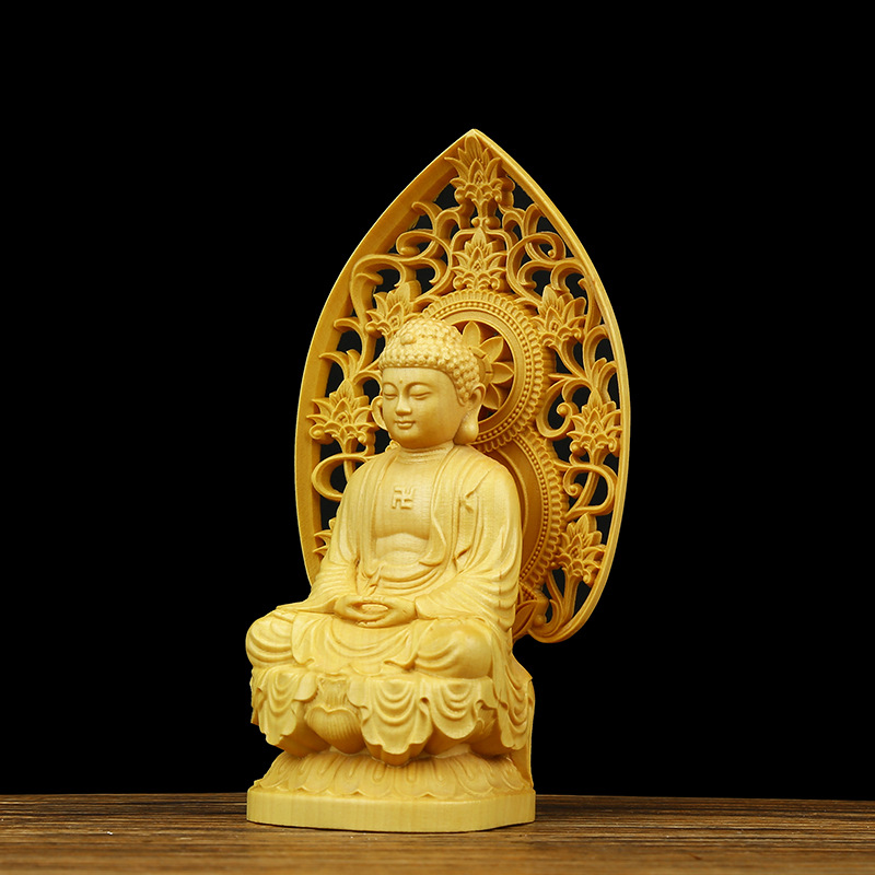 Buddha Feng Shui Carving Crafts Worship Sakyamuni Buddha Buddha Solid Wood Buddha Statue Small Ornaments